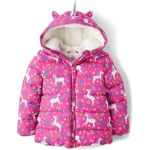 Girls Gymboree Magenta Pink Unicorn Floral Heavyweight Puffer Jacket Size 12 NEW - Picture 1 of 1